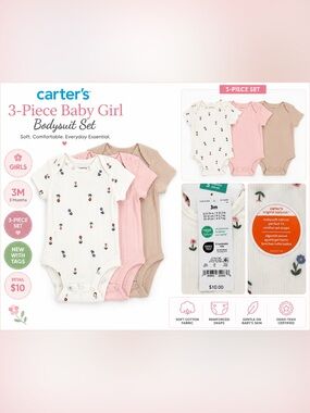 Carter's 3-Pack Ribbed Baby Girl Bodysuits - Cream, Pink, Tan